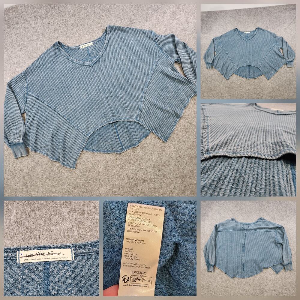 We The Free People Caroline Shirt Womens XS Blue‎ Waffle Thermal V Neck Hi Low
